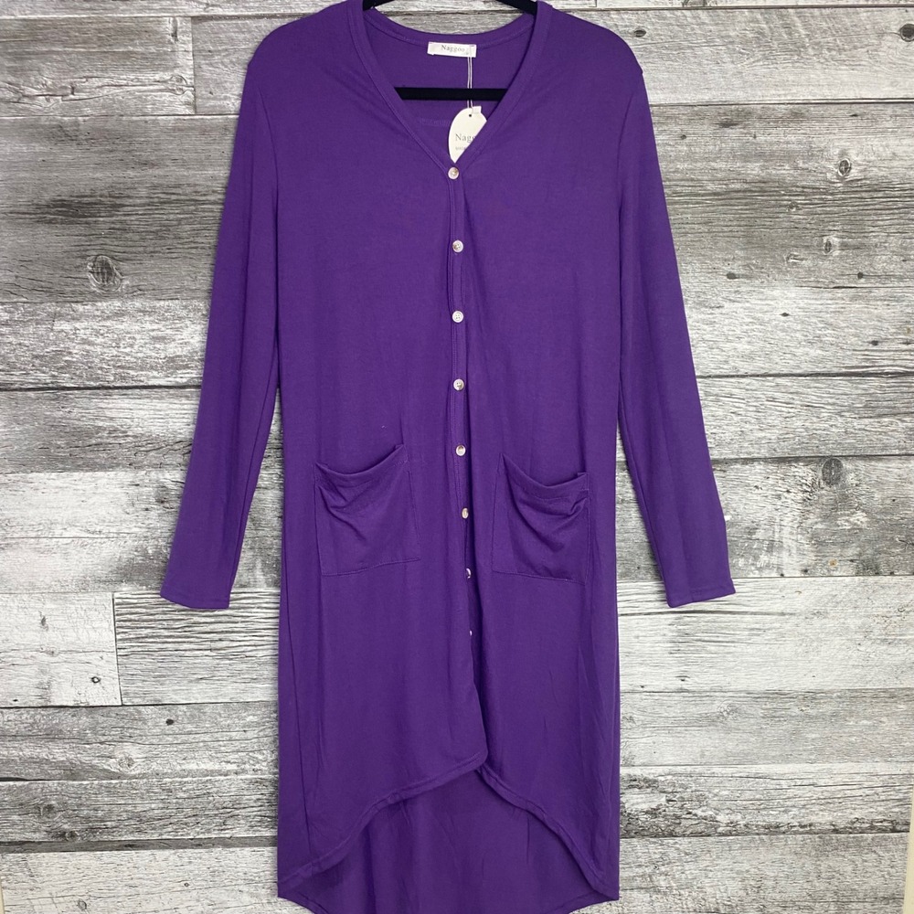Naggoo Womens Purple Long Duster Cardigan Sweater M NWT Button Front Knit Pocket